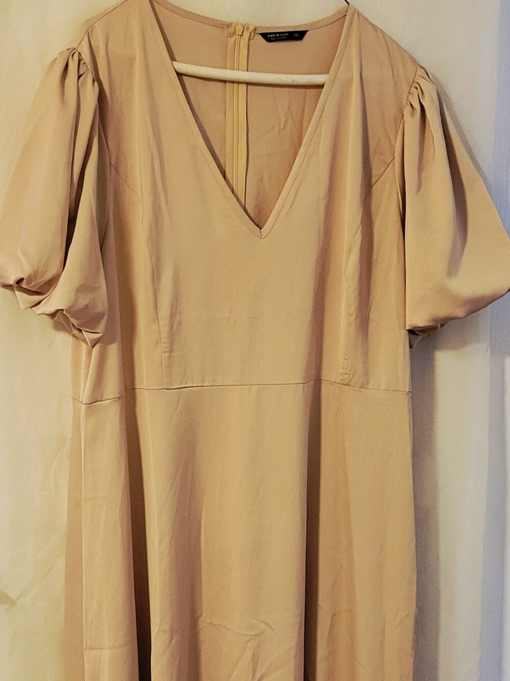 V-Neck Puff Sleeve Midi Dress - Beige